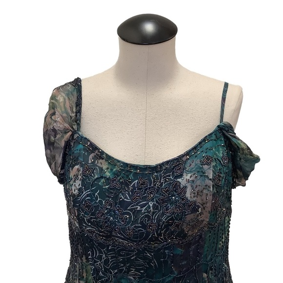 MONTAGE by‎ MON CHERI Floral Silk Beaded Tea Length Dress - Size 12 - Picture 10 of 16